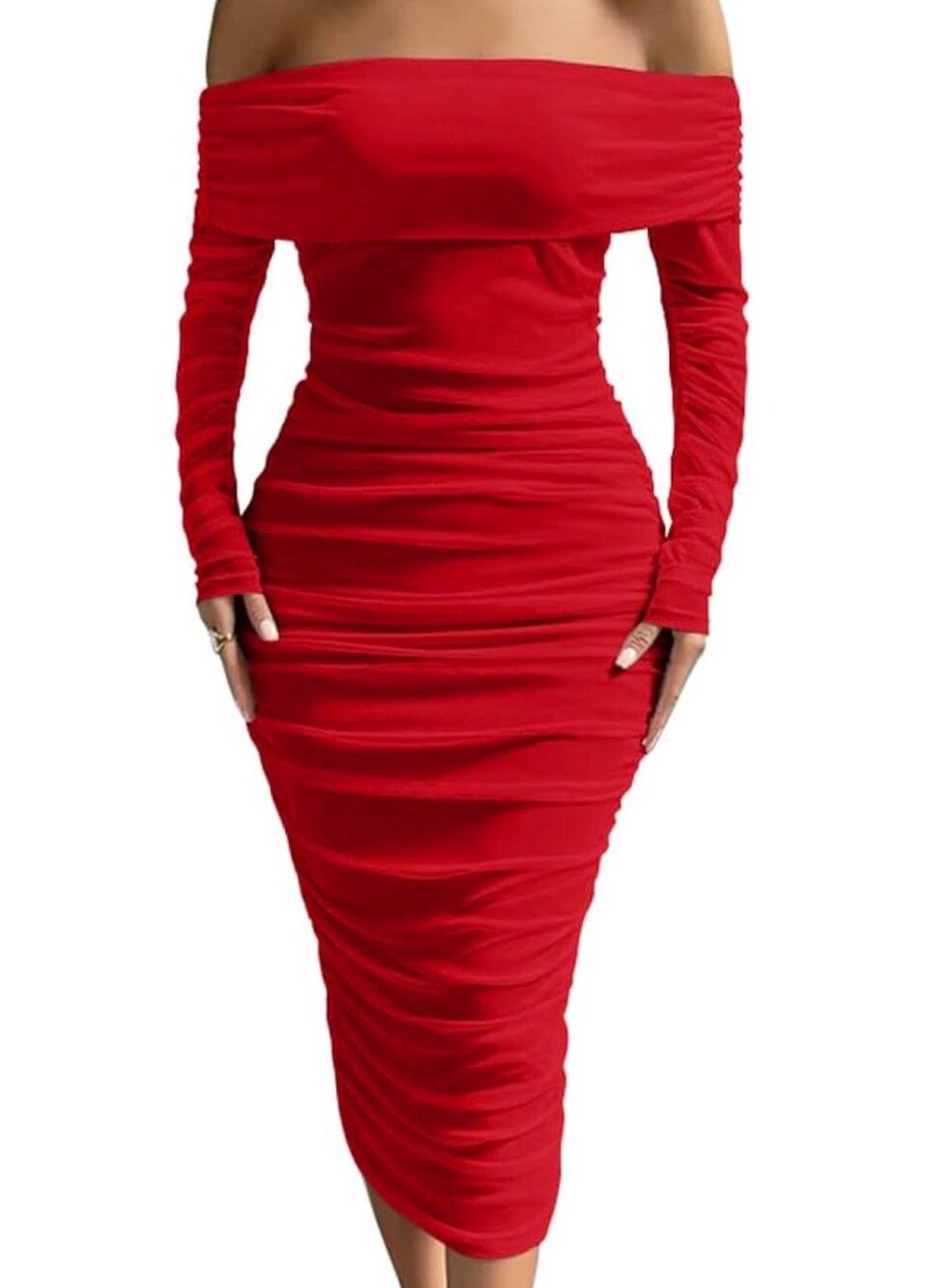 NWOT LAGSHIAN Women Sexy Off Shoulder Long Sleeve Bodycon Ruched Midi Dress Sz M